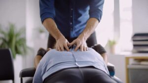 Adult resting in bed while a healthcare practitioner discusses neck and back pain beside a treatment table.