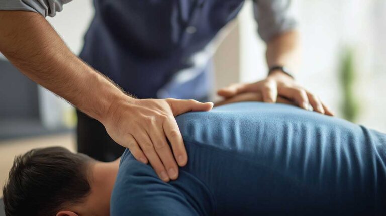 Adult performing guided back exercises on a treatment table in a bright clinical room.
